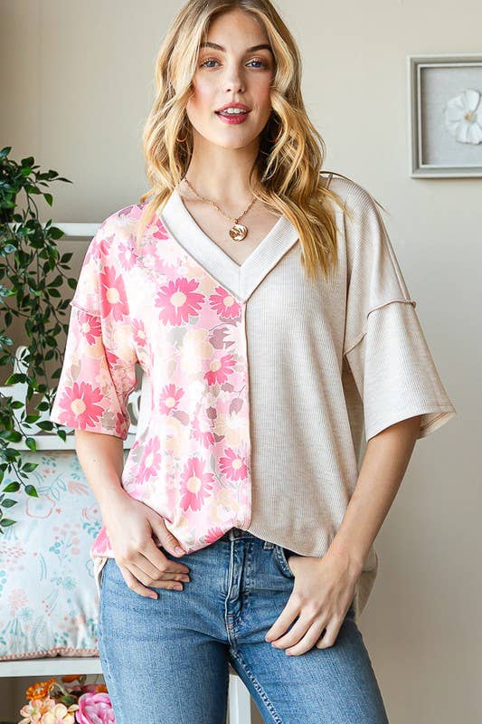 ET7547-12 SOLID AND FLORAL TOP: PEACH / 2-2-2 (S-M-L)