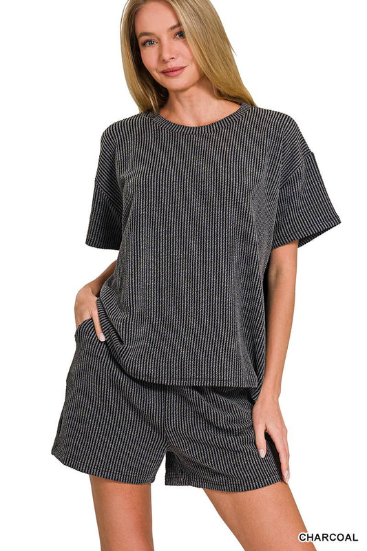 `.Corded Rib Short Sleeve Tee & Short Pants 2PC Set: DUSTY BLUE-183672 / S