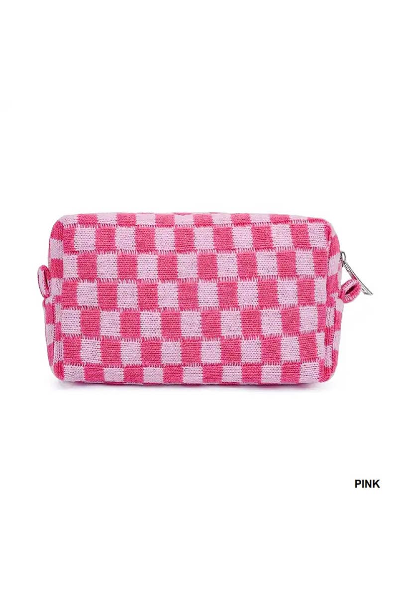 Checkered Makeup Cosmetic Pouch Bag: Pink / 1 (ONE SIZE)