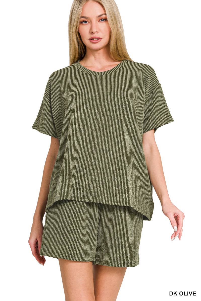 `.Corded Rib Short Sleeve Tee & Short Pants 2PC Set: DUSTY BLUE-183672 / S