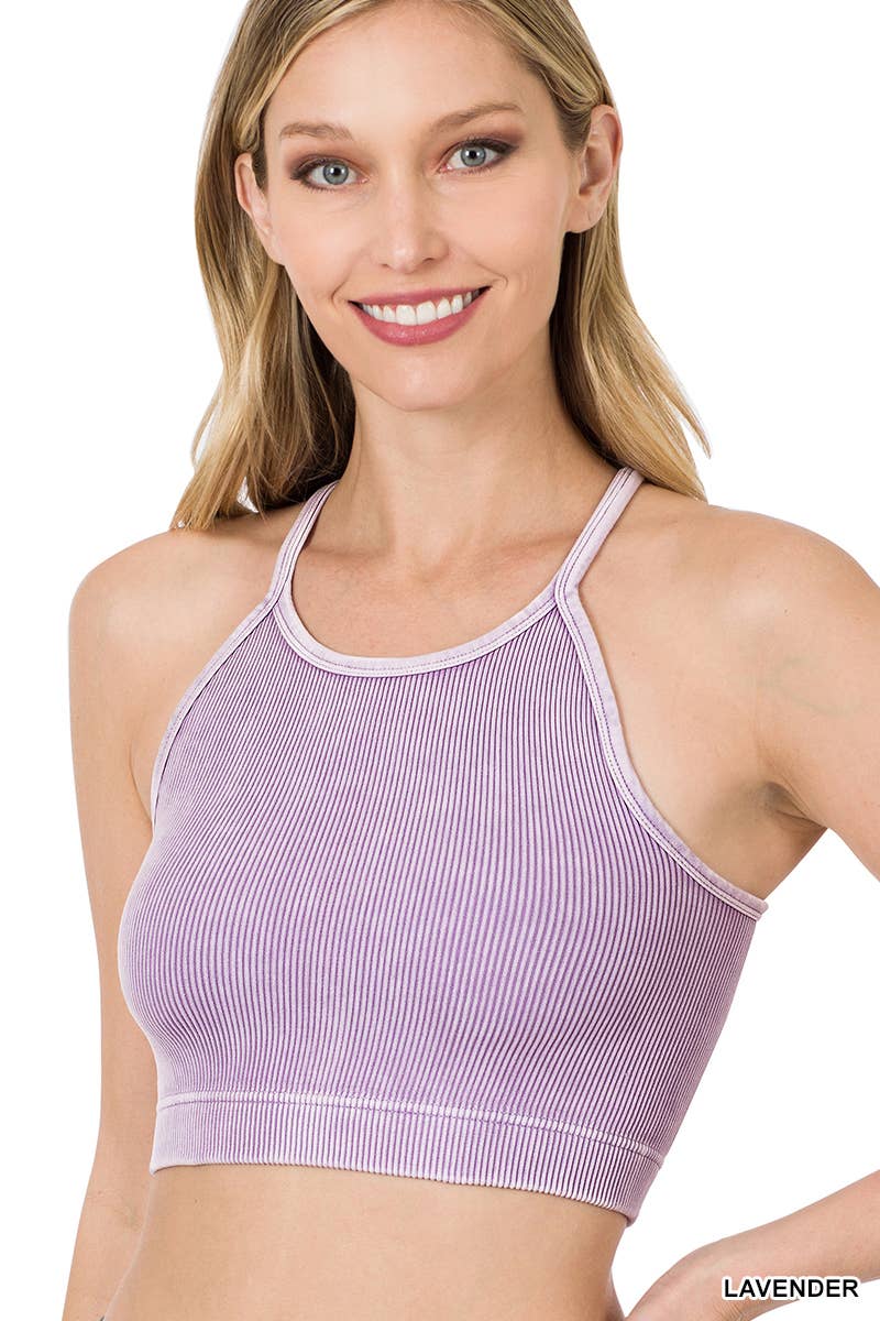 ",,,,,.Premium Washed Seamless Halter Racerback Crop Tank: HOT PINK-180307 / L/XL