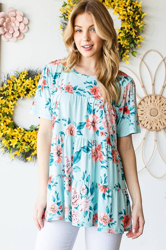 ET7279-10 FLORAL TIERED TOP: MINT / 2-2-2 (1X-2X-3X)