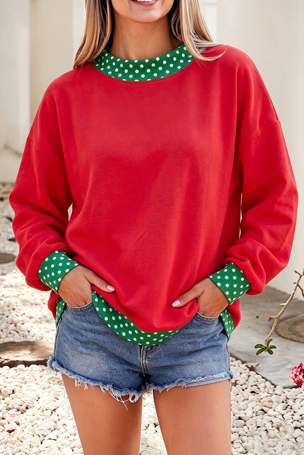 F/W26 HOT Polka Dot Mock Neck Sweatshirt | S-4X: Red Dahlia / L