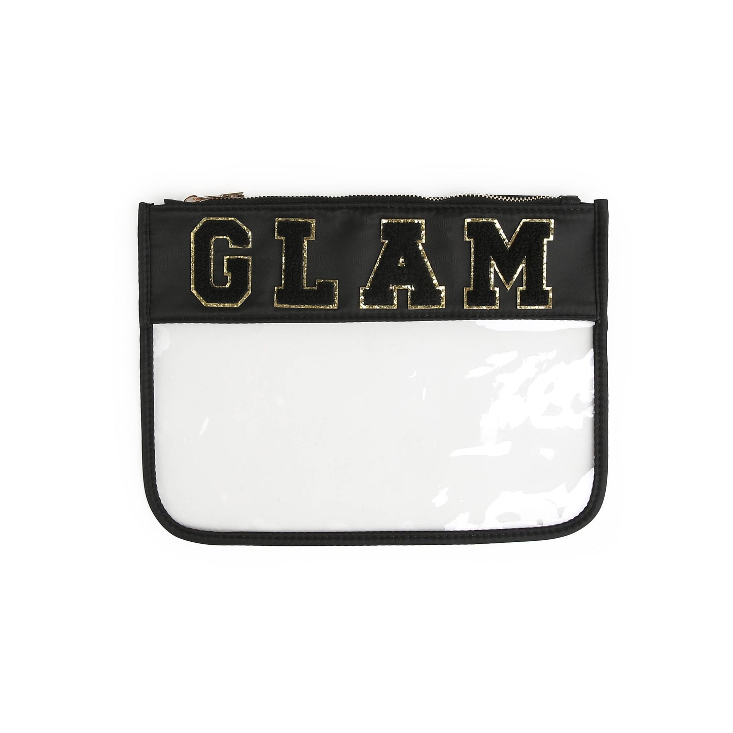 Varsity Letter Patch Clear Zippered Pouch Bag: Pink with STUFF
