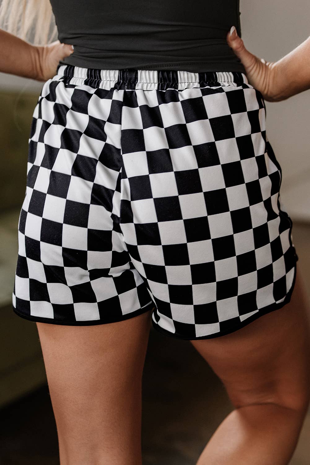 Checkered Drawstring Elastic Waist Casual Shorts: Rose / XL