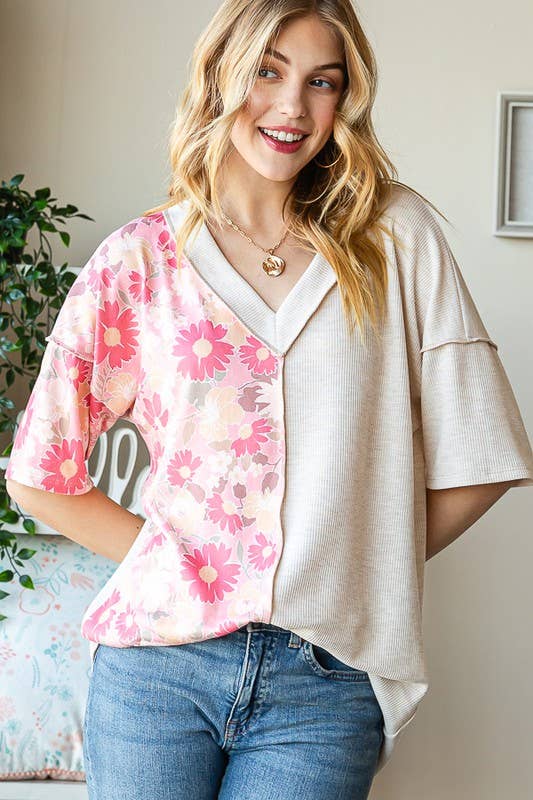 ET7547-12 SOLID AND FLORAL TOP: PEACH / 2-2-2 (1X-2X-3X)