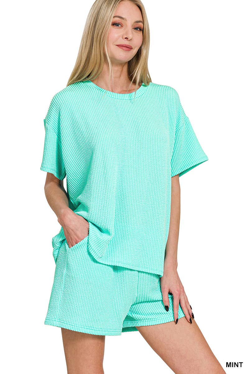 `.Corded Rib Short Sleeve Tee & Short Pants 2PC Set: DUSTY BLUE-183672 / M