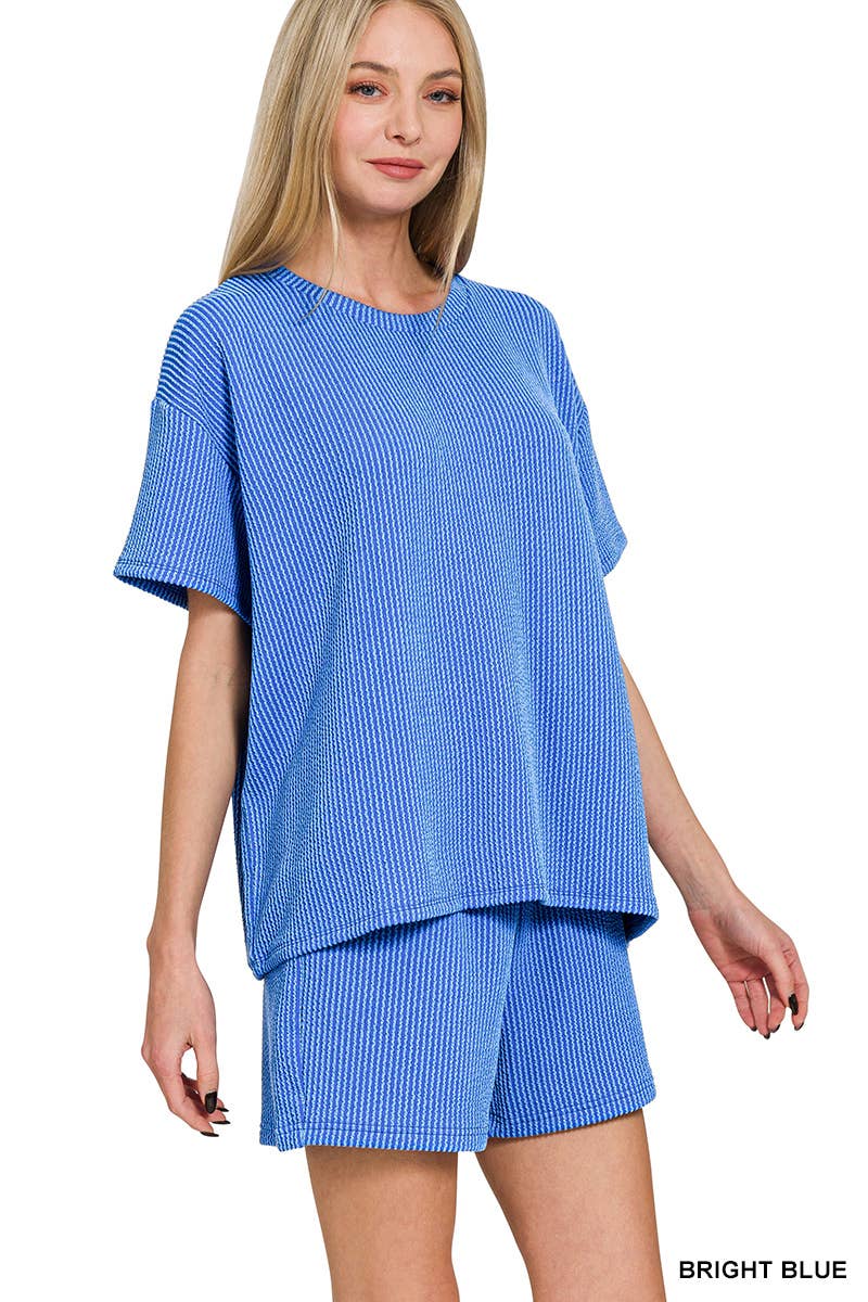 `.Corded Rib Short Sleeve Tee & Short Pants 2PC Set: DUSTY BLUE-183672 / S