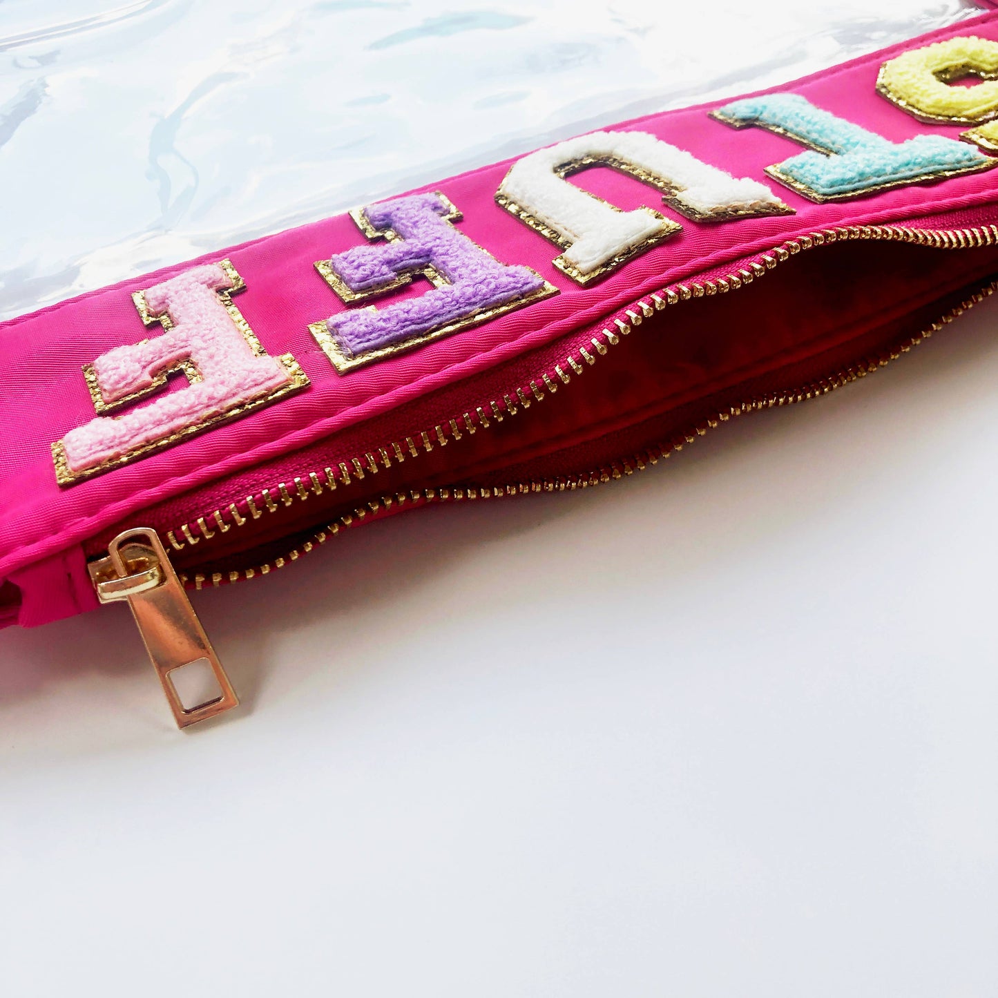 Varsity Letter Patch Clear Zippered Pouch Bag: Purple with THINGS
