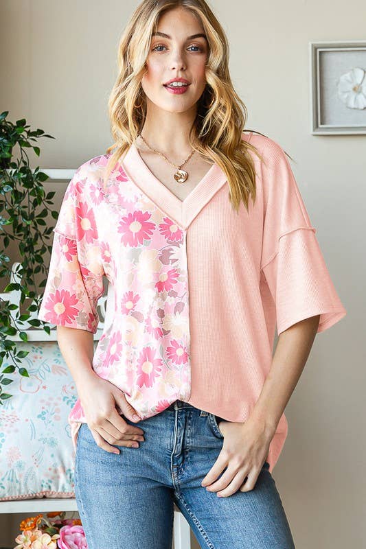 ET7547-12 SOLID AND FLORAL TOP: PEACH / 2-2-2 (S-M-L)