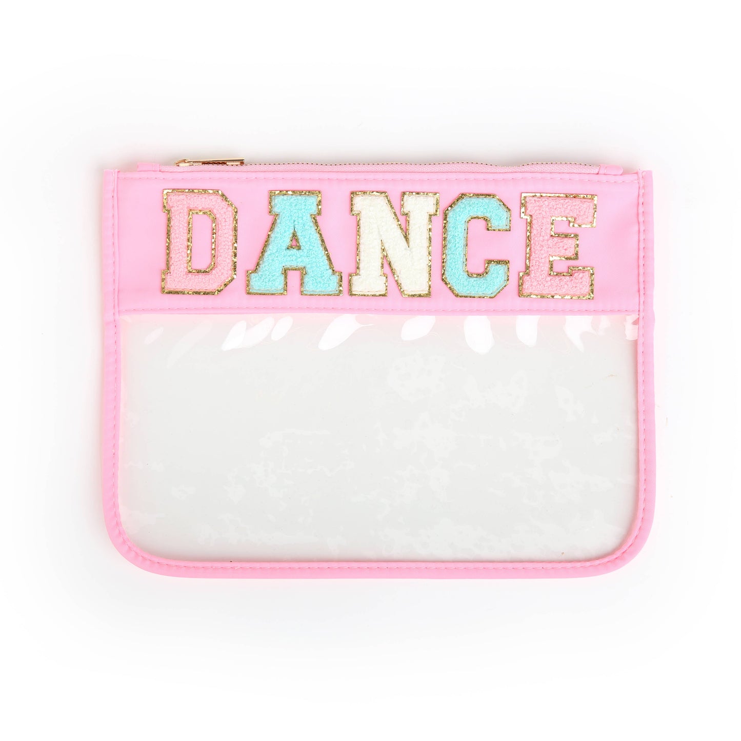Varsity Letter Patch Clear Zippered Pouch Bag: Purple with THINGS