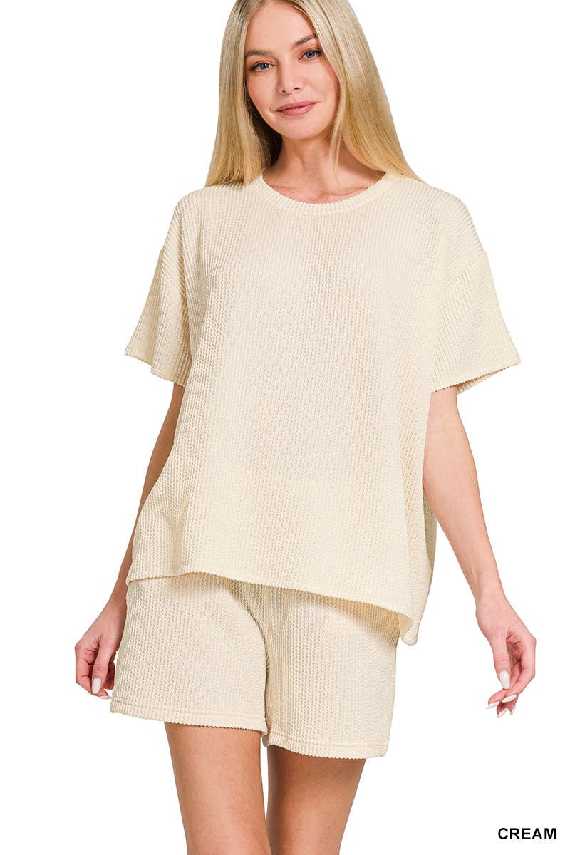 `.Corded Rib Short Sleeve Tee & Short Pants 2PC Set: DUSTY BLUE-183672 / L