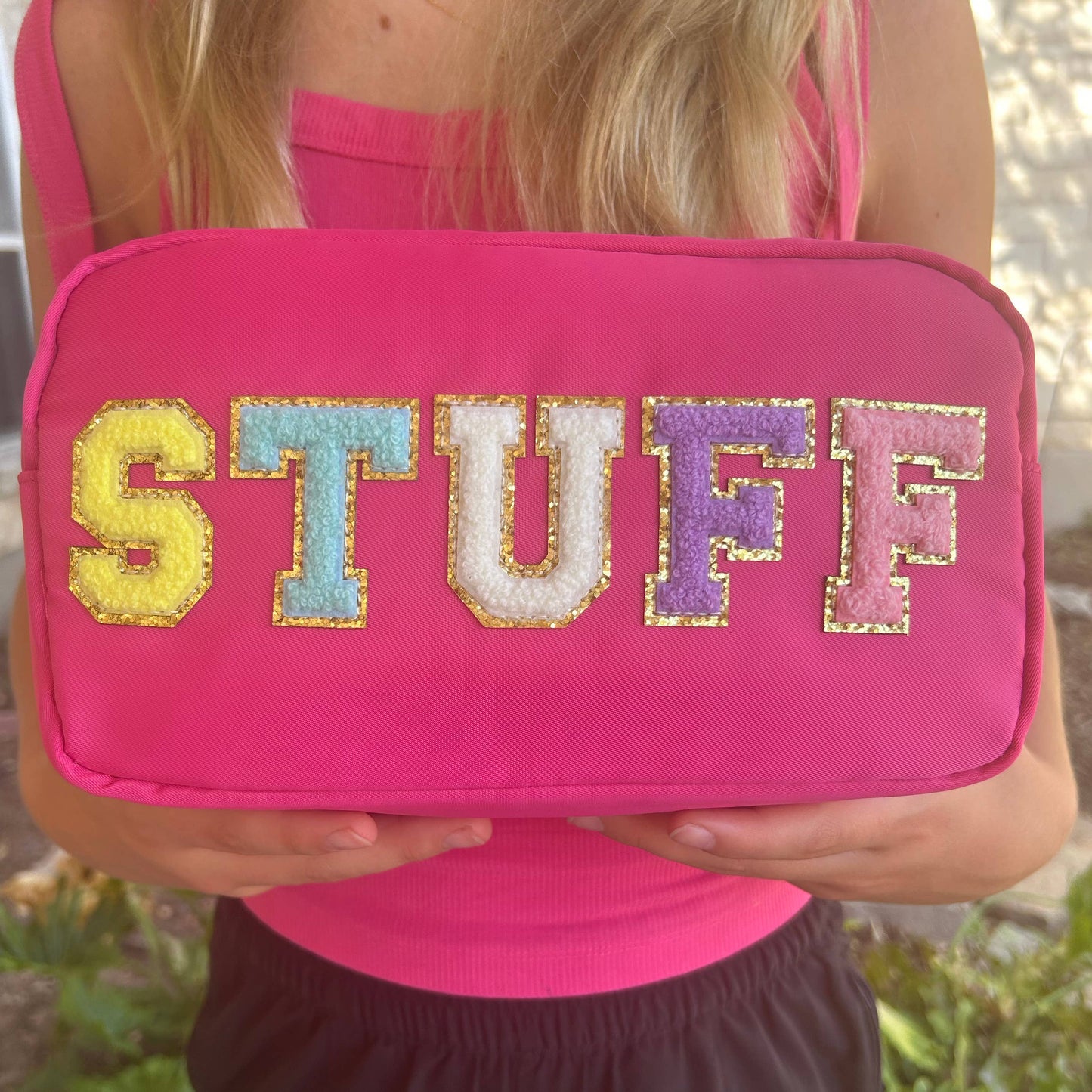 Cosmetic or Toiletry Bag with Varsity Letter Patches: Dark Pink with 3 smile patches