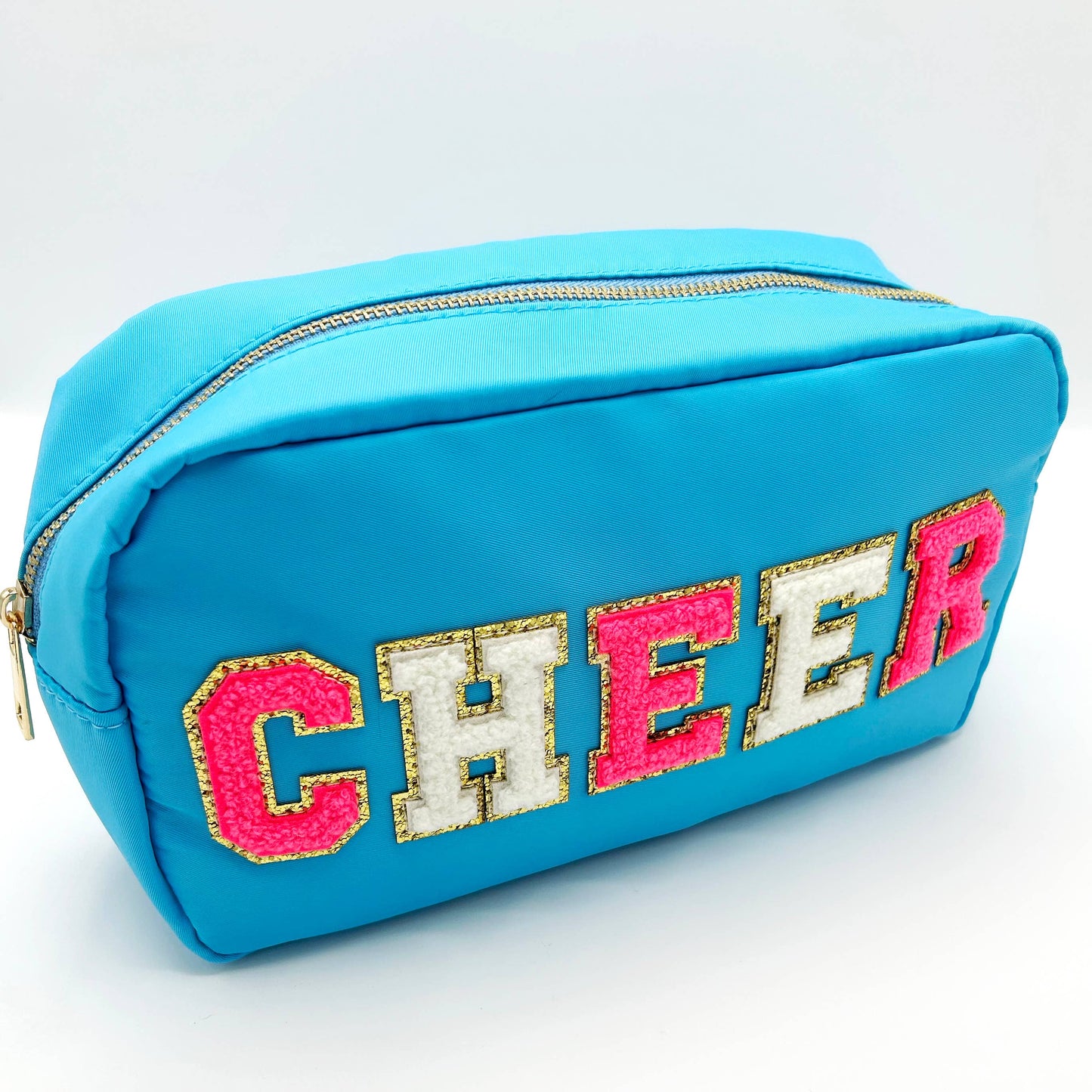 Cosmetic or Toiletry Bag with Varsity Letter Patches: Light Blue with SKIN