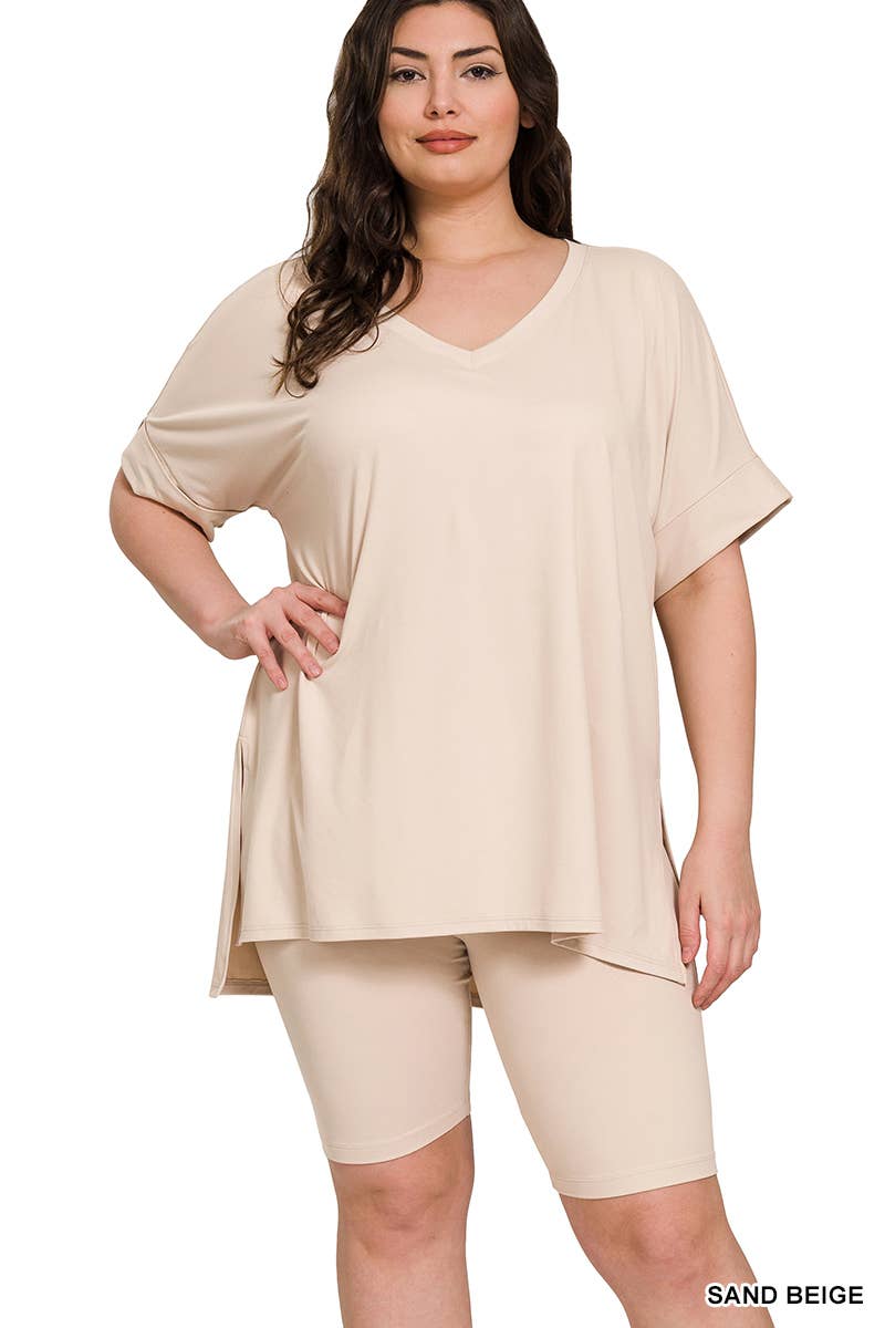 SI-19985 Plus size Hi Low Hem Top & Biker Shorts 2pc Set: +ASHGREY-139919 / 2X