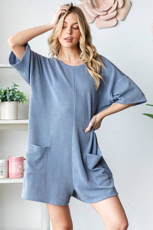 EP6832-10 SHORT SLEEVE SOLID URBAN RIBBED ROMPER: DENIM VINTAGE / 2-2-2 (1X-2X-3X)