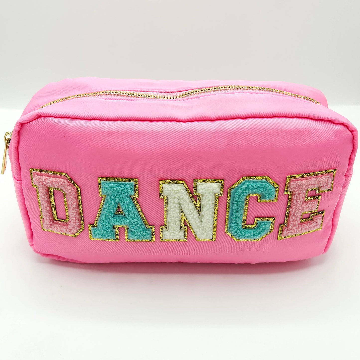 Cosmetic or Toiletry Bag with Varsity Letter Patches: Dark Pink with 3 smile patches