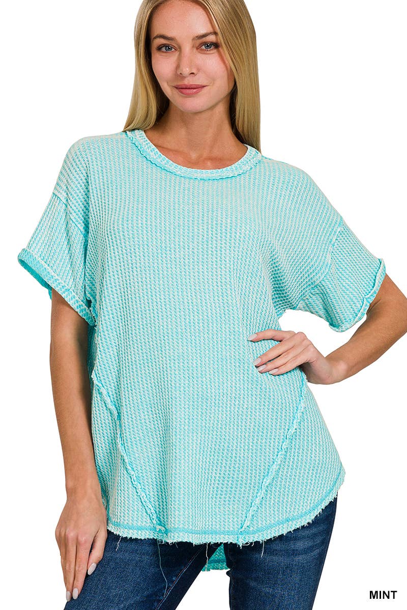 `.Washed Baby Waffle Top w/ back patch: DEEP SKY-162396 / S/M