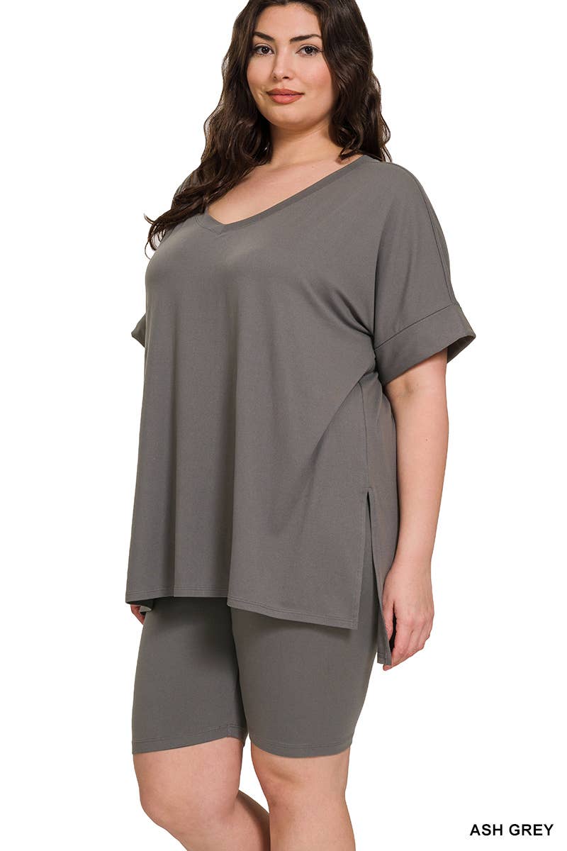 SI-19985 Plus size Hi Low Hem Top & Biker Shorts 2pc Set: +ASHGREY-139919 / 1X