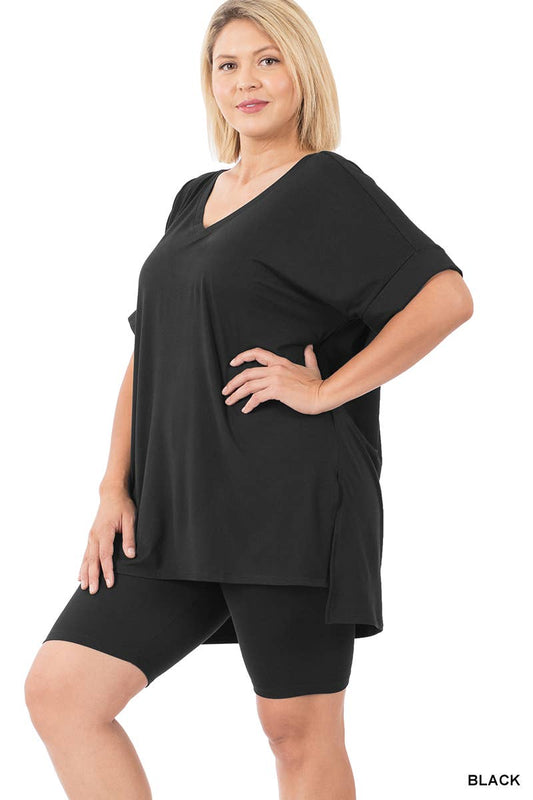 SI-19985 Plus size Hi Low Hem Top & Biker Shorts 2pc Set: +ASHGREY-139919 / 1X