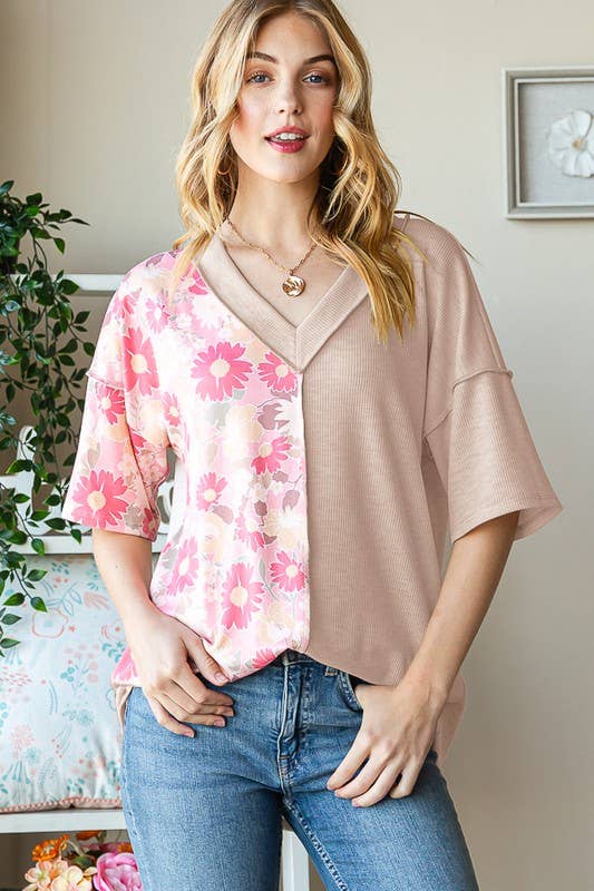 ET7547-12 SOLID AND FLORAL TOP: PEACH / 2-2-2 (S-M-L)