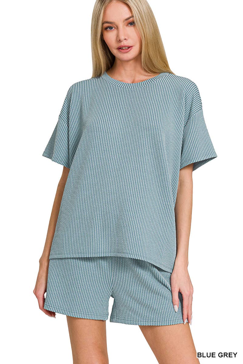 `.Corded Rib Short Sleeve Tee & Short Pants 2PC Set: DUSTY BLUE-183672 / S