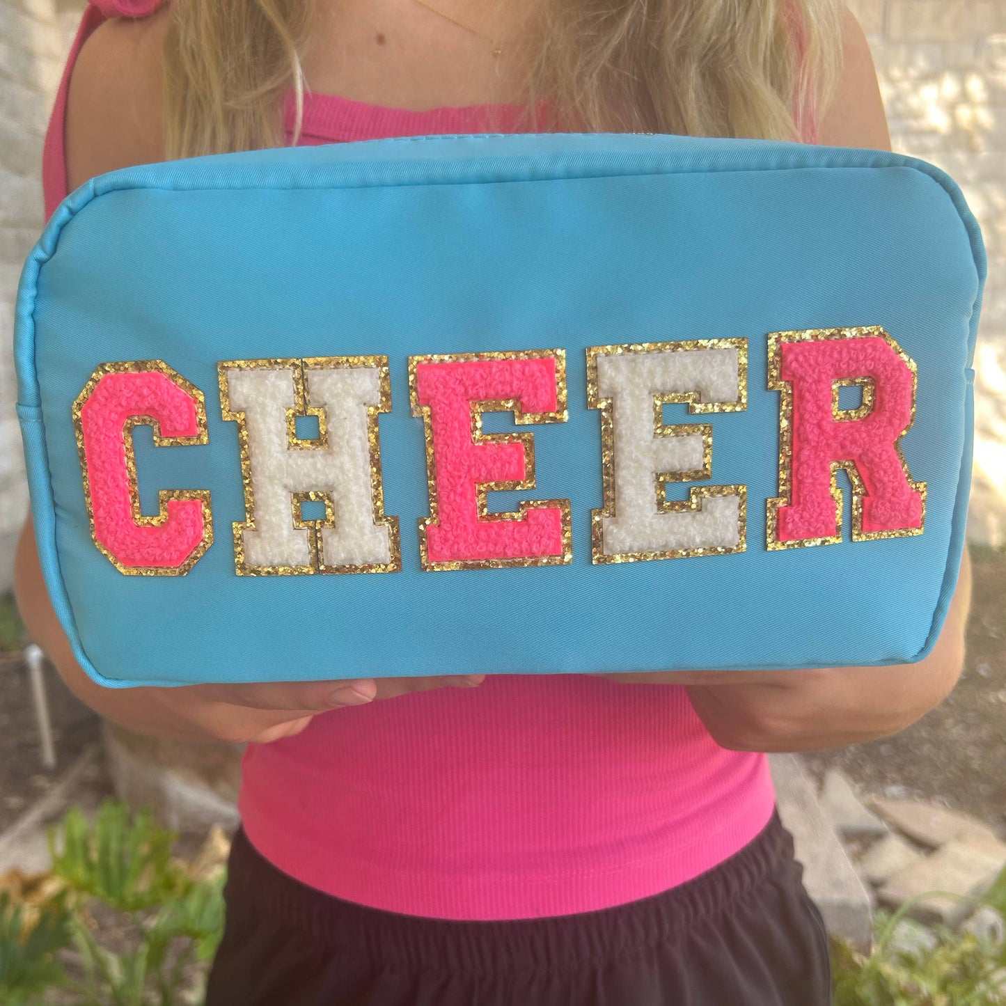 Cosmetic or Toiletry Bag with Varsity Letter Patches: Light Blue with SKIN