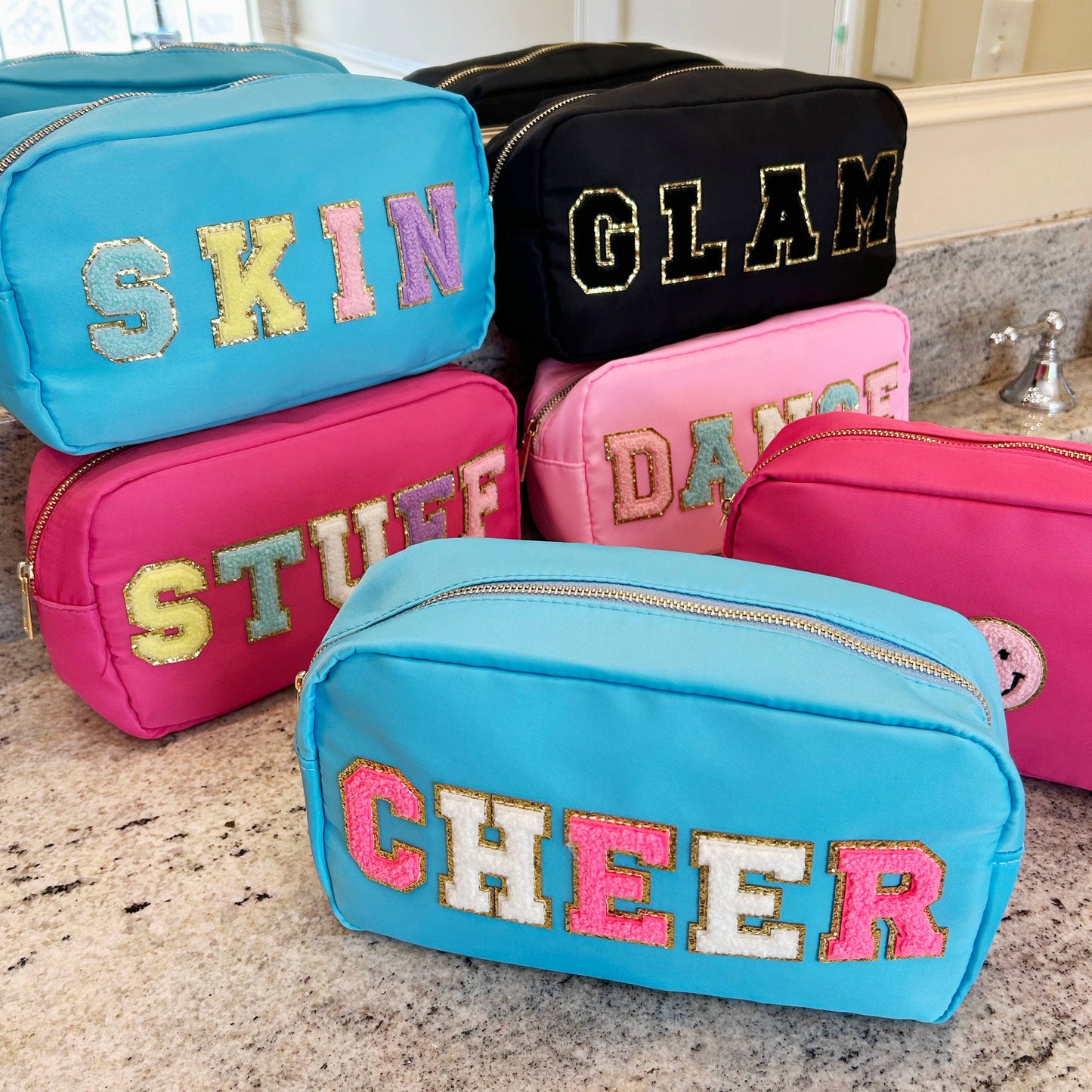 Cosmetic or Toiletry Bag with Varsity Letter Patches: Dark Pink with 3 smile patches