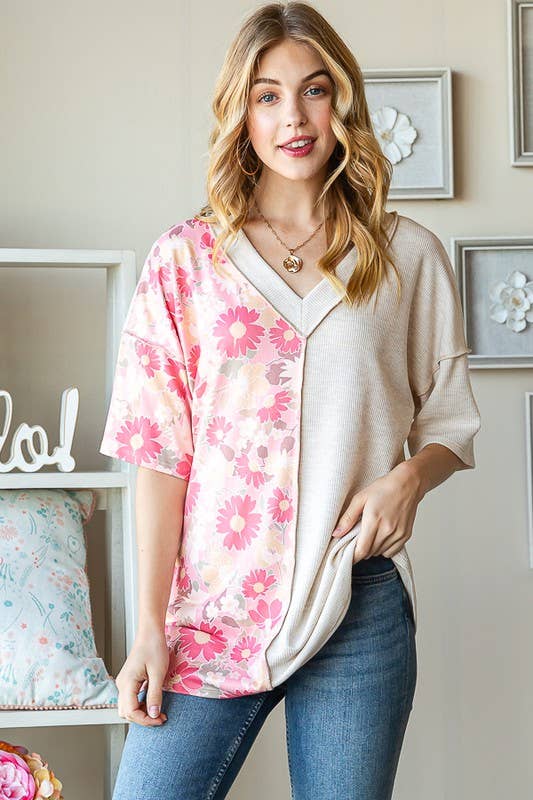 ET7547-12 SOLID AND FLORAL TOP: PEACH / 2-2-2 (1X-2X-3X)