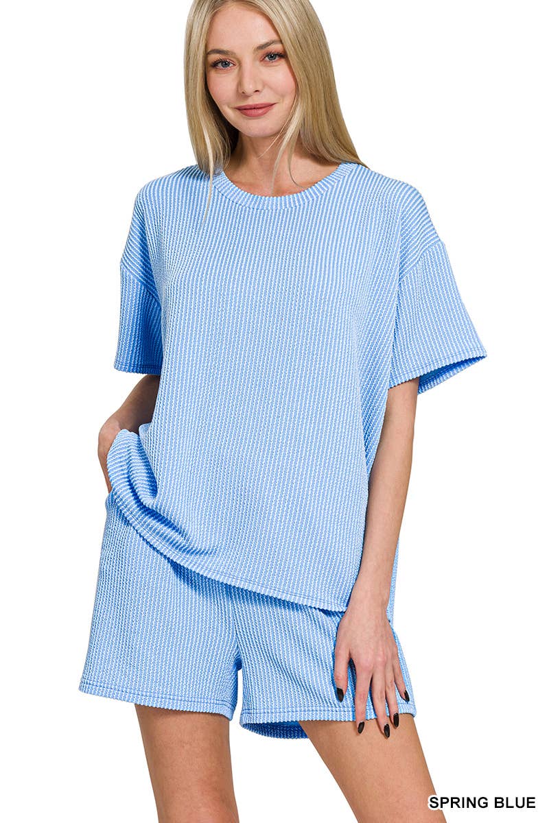 `.Corded Rib Short Sleeve Tee & Short Pants 2PC Set: DUSTY BLUE-183672 / L