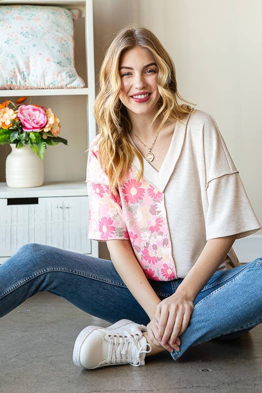 ET7547-12 SOLID AND FLORAL TOP: PEACH / 2-2-2 (1X-2X-3X)