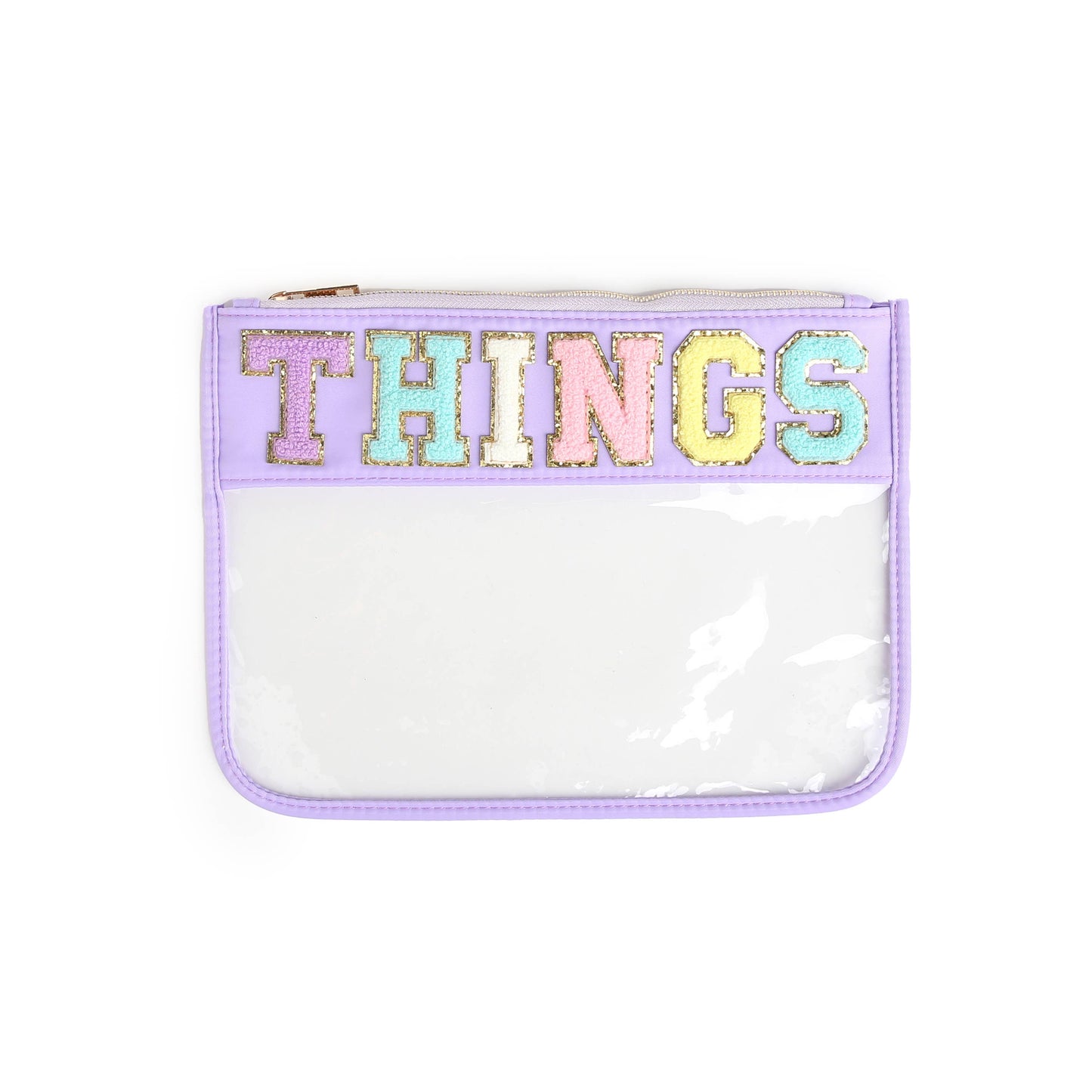 Varsity Letter Patch Clear Zippered Pouch Bag: Pink with STUFF