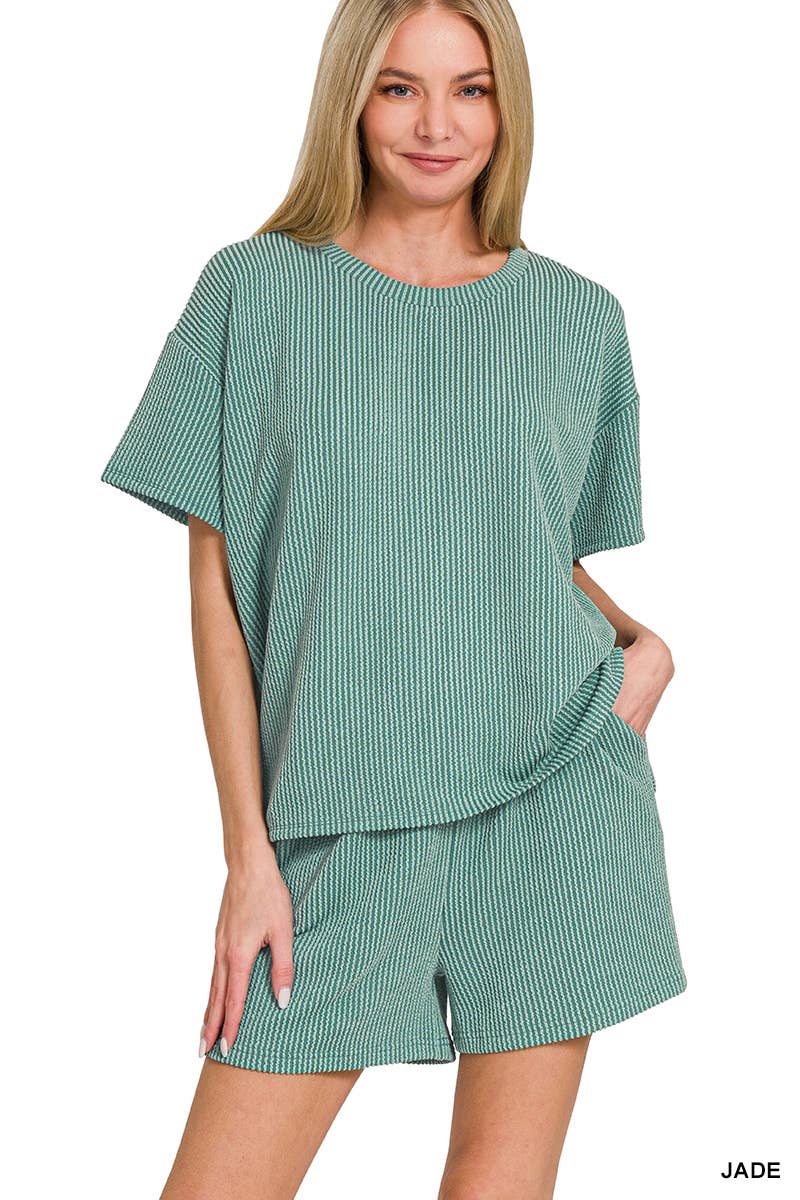 `.Corded Rib Short Sleeve Tee & Short Pants 2PC Set: DUSTY BLUE-183672 / M