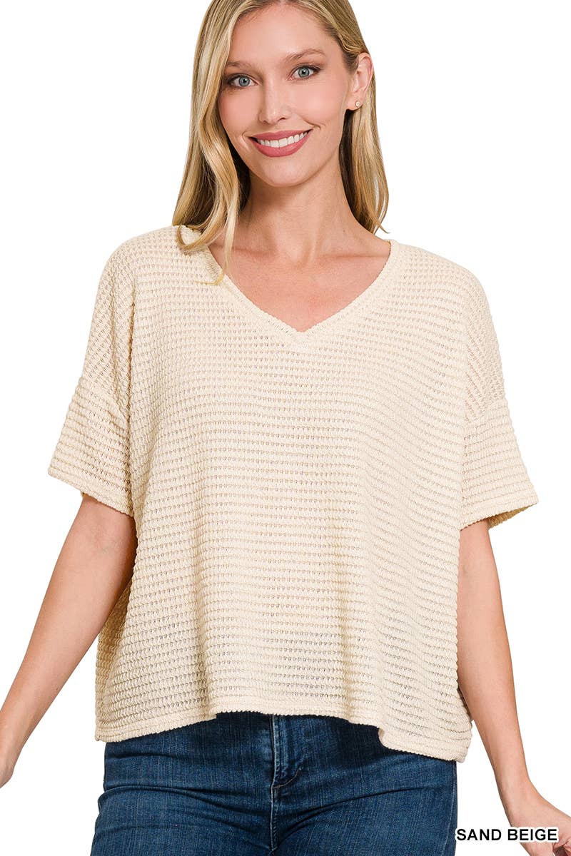 `.Textured Relaxed Fit Summer Sweater w/ back patch: SAND BEIGE-162821 / L/XL