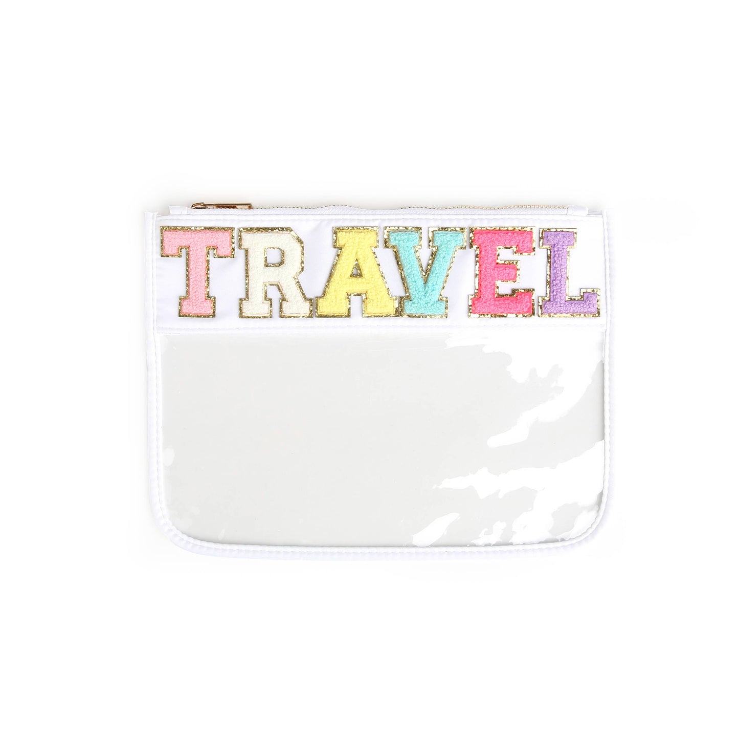 Varsity Letter Patch Clear Zippered Pouch Bag: Pink with STUFF