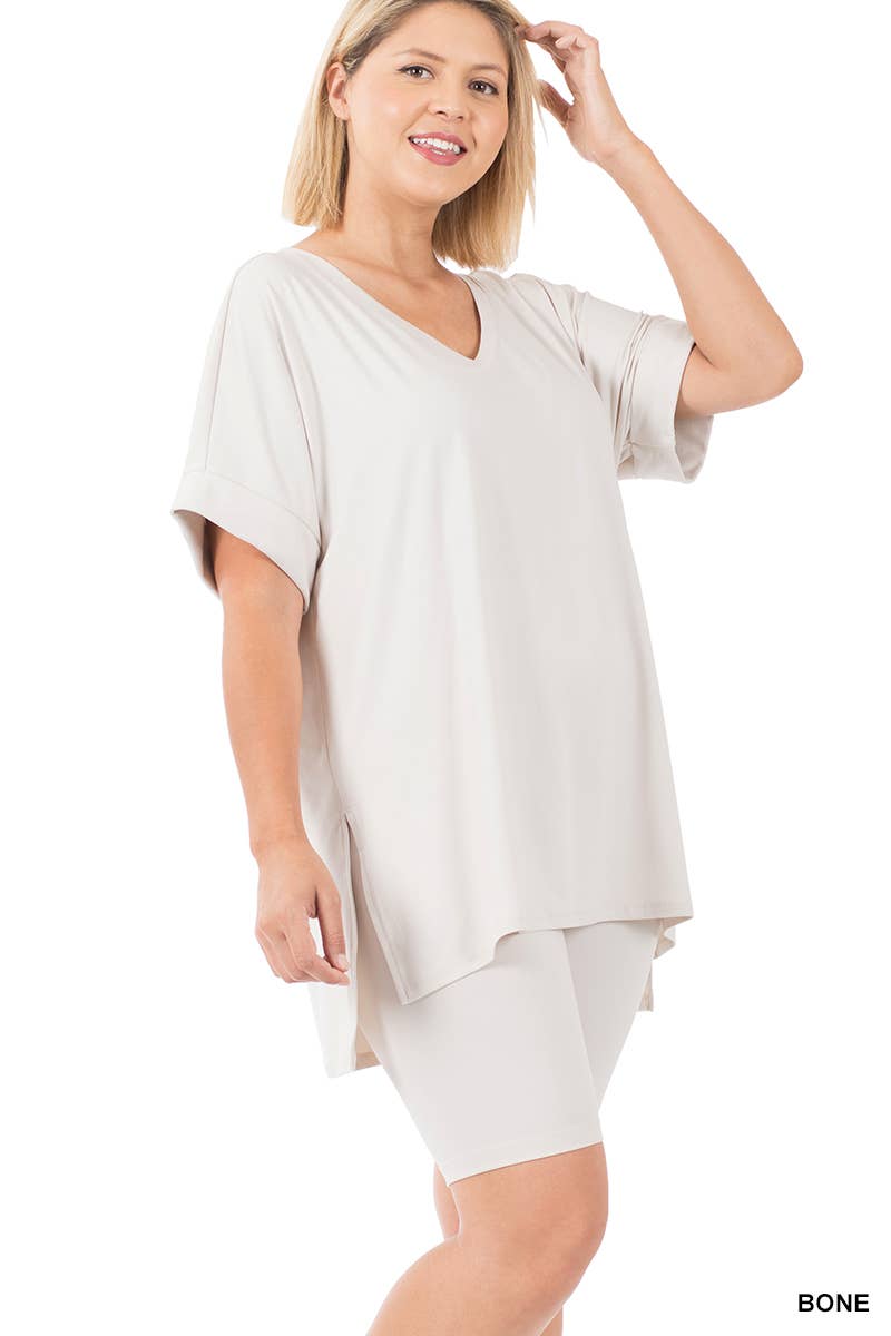 SI-19985 Plus size Hi Low Hem Top & Biker Shorts 2pc Set: +ASHGREY-139919 / 1X