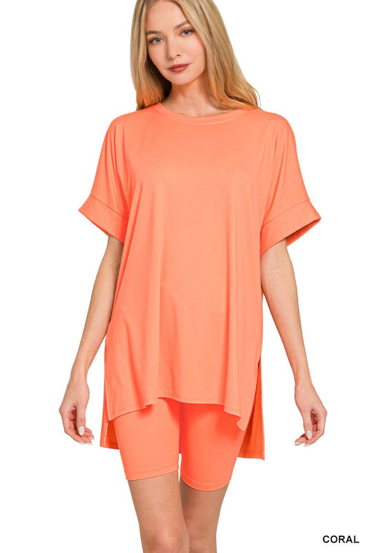 `.Microfiber Top & Biker Shorts 2 Pc Set: CORAL-184059 / M