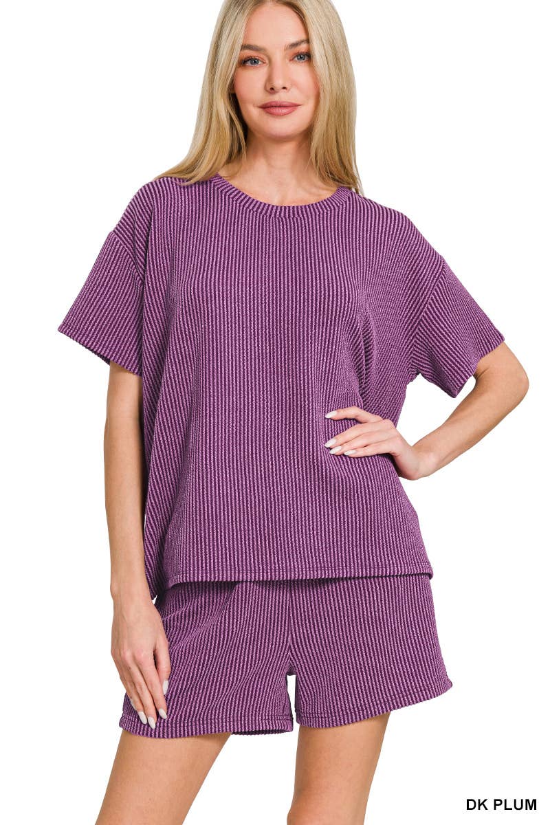 `.Corded Rib Short Sleeve Tee & Short Pants 2PC Set: DUSTY BLUE-183672 / L