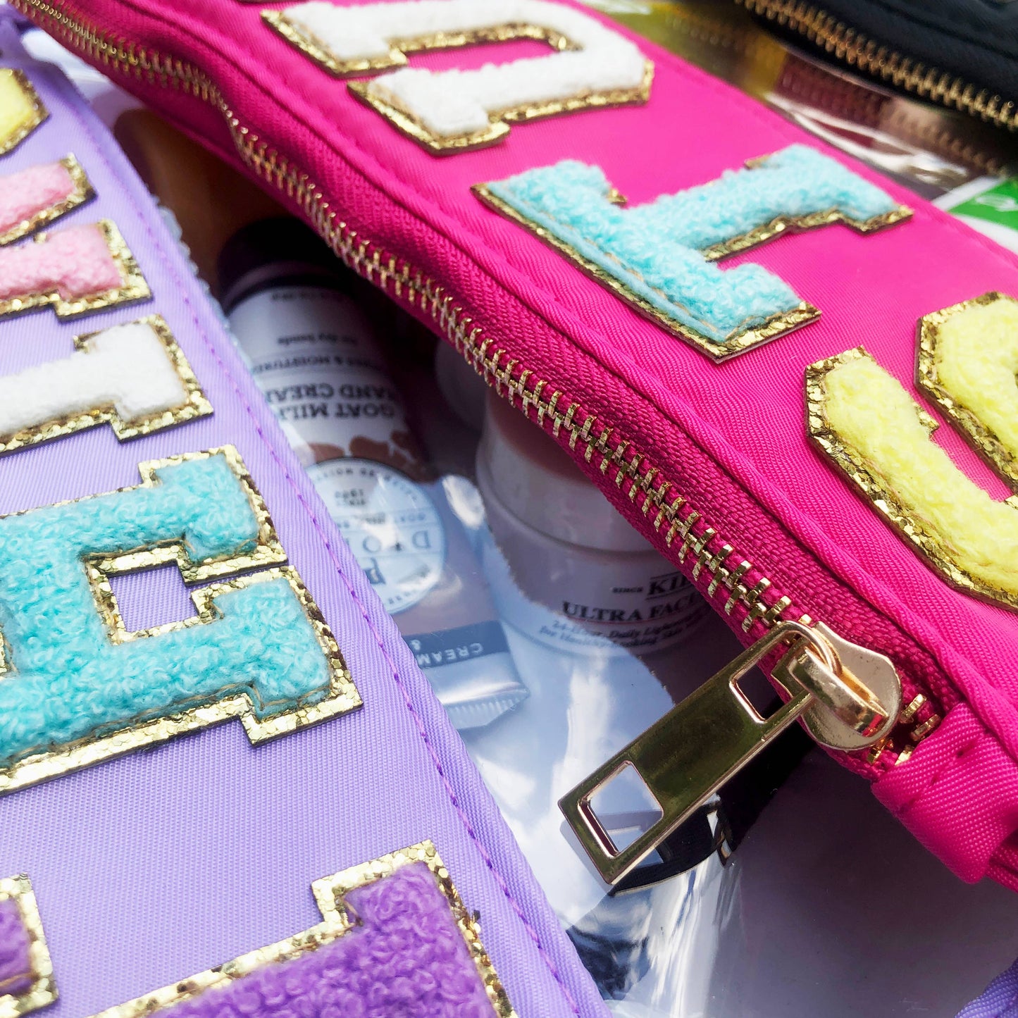 Varsity Letter Patch Clear Zippered Pouch Bag: Purple with THINGS
