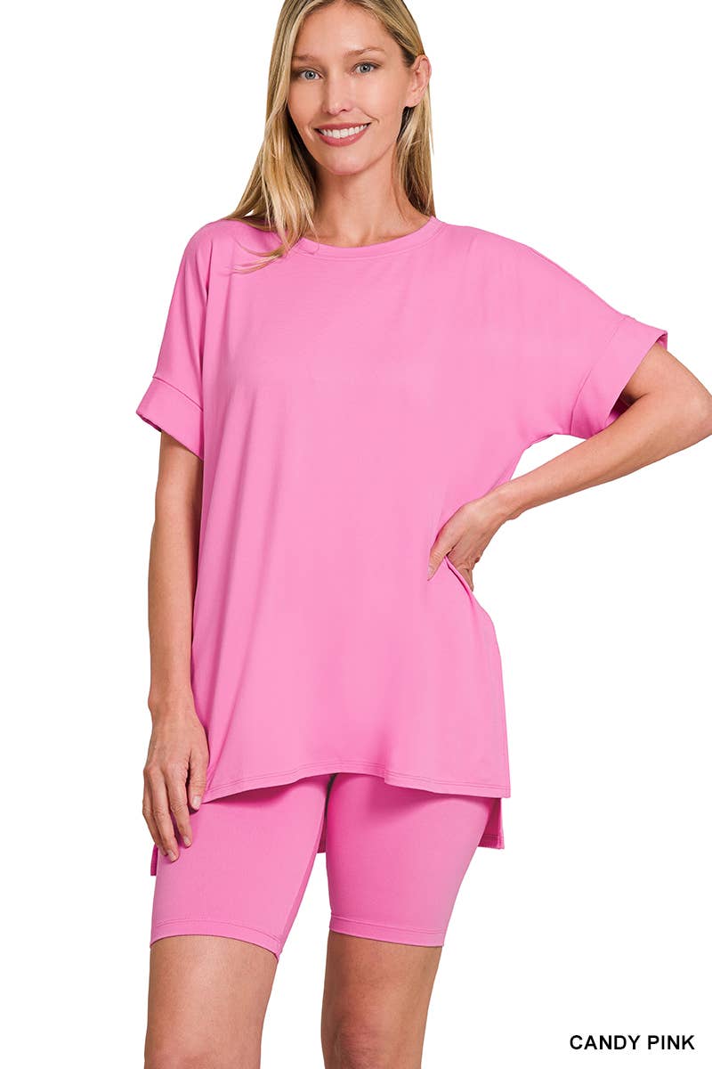 `.Microfiber Top & Biker Shorts 2 Pc Set: CORAL-184059 / L