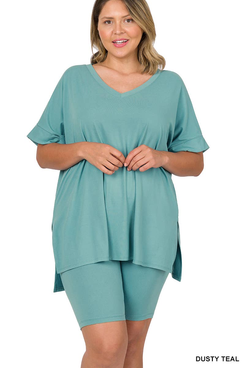SI-19985 Plus size Hi Low Hem Top & Biker Shorts 2pc Set: +ASHGREY-139919 / 3X