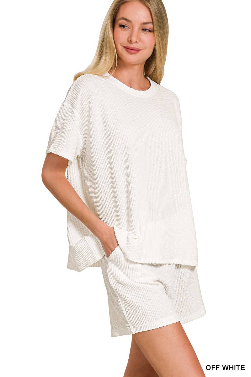 `.Corded Rib Short Sleeve Tee & Short Pants 2PC Set: DUSTY BLUE-183672 / M