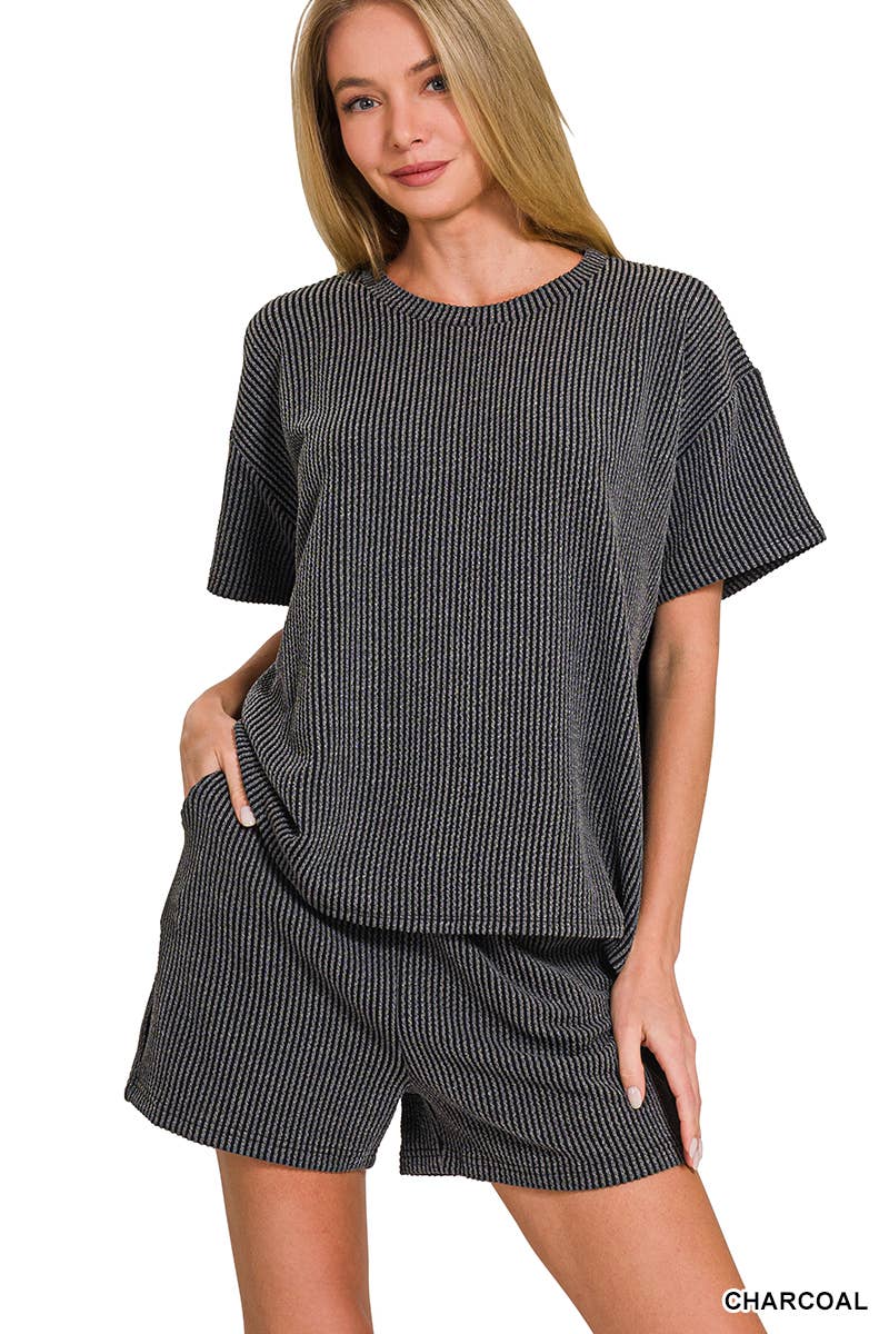 `.Corded Rib Short Sleeve Tee & Short Pants 2PC Set: DUSTY BLUE-183672 / M