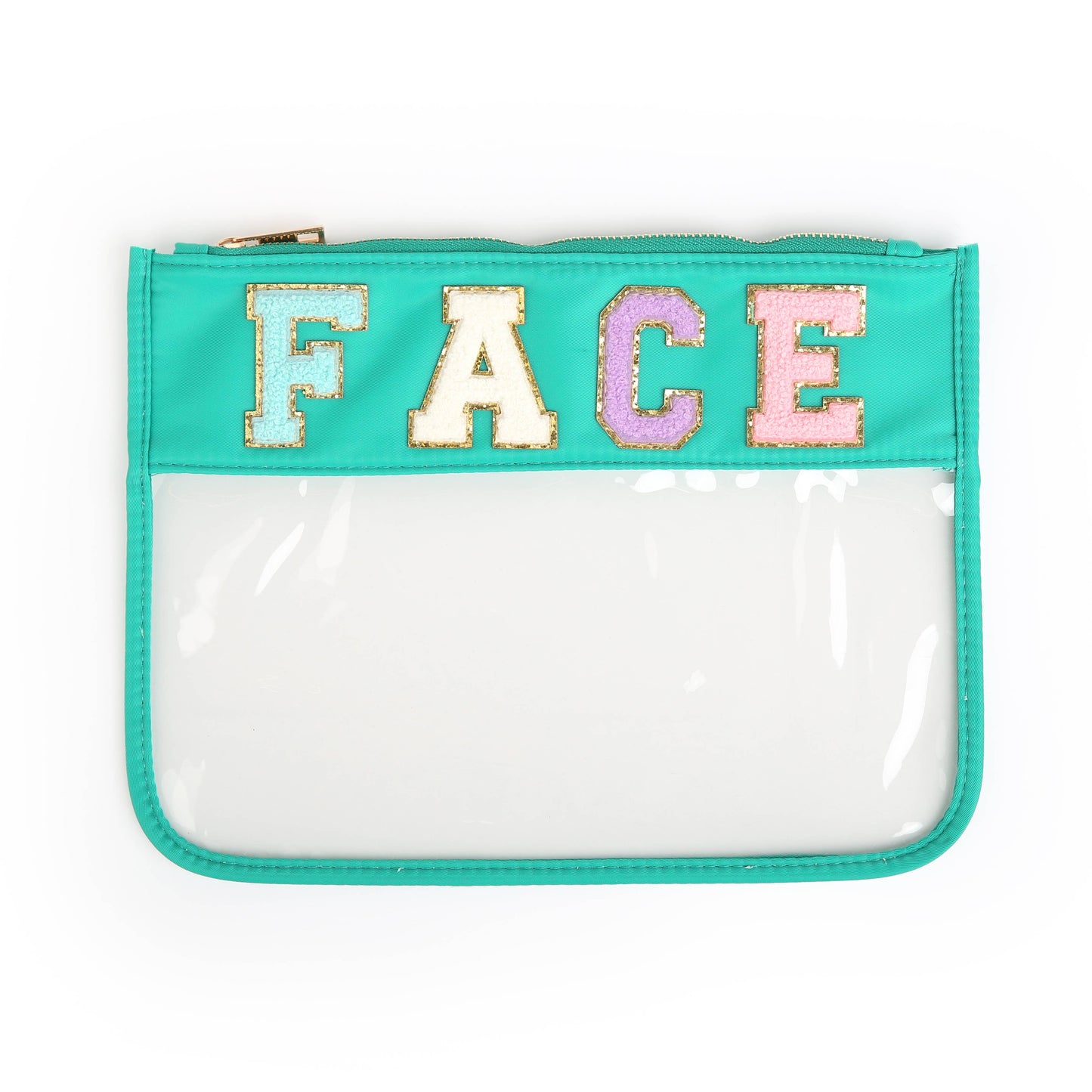 Varsity Letter Patch Clear Zippered Pouch Bag: Purple with THINGS