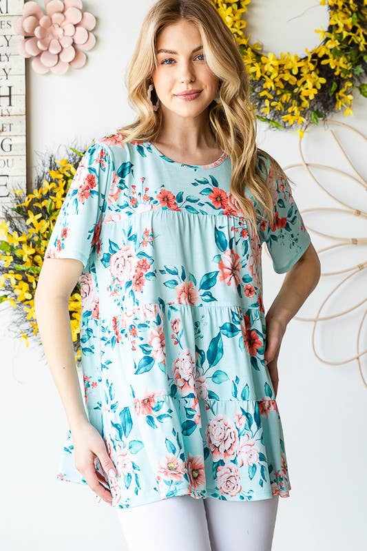 ET7279-10  FLORAL TIERED TOP: MINT / 2-2-2 (1X-2X-3X)