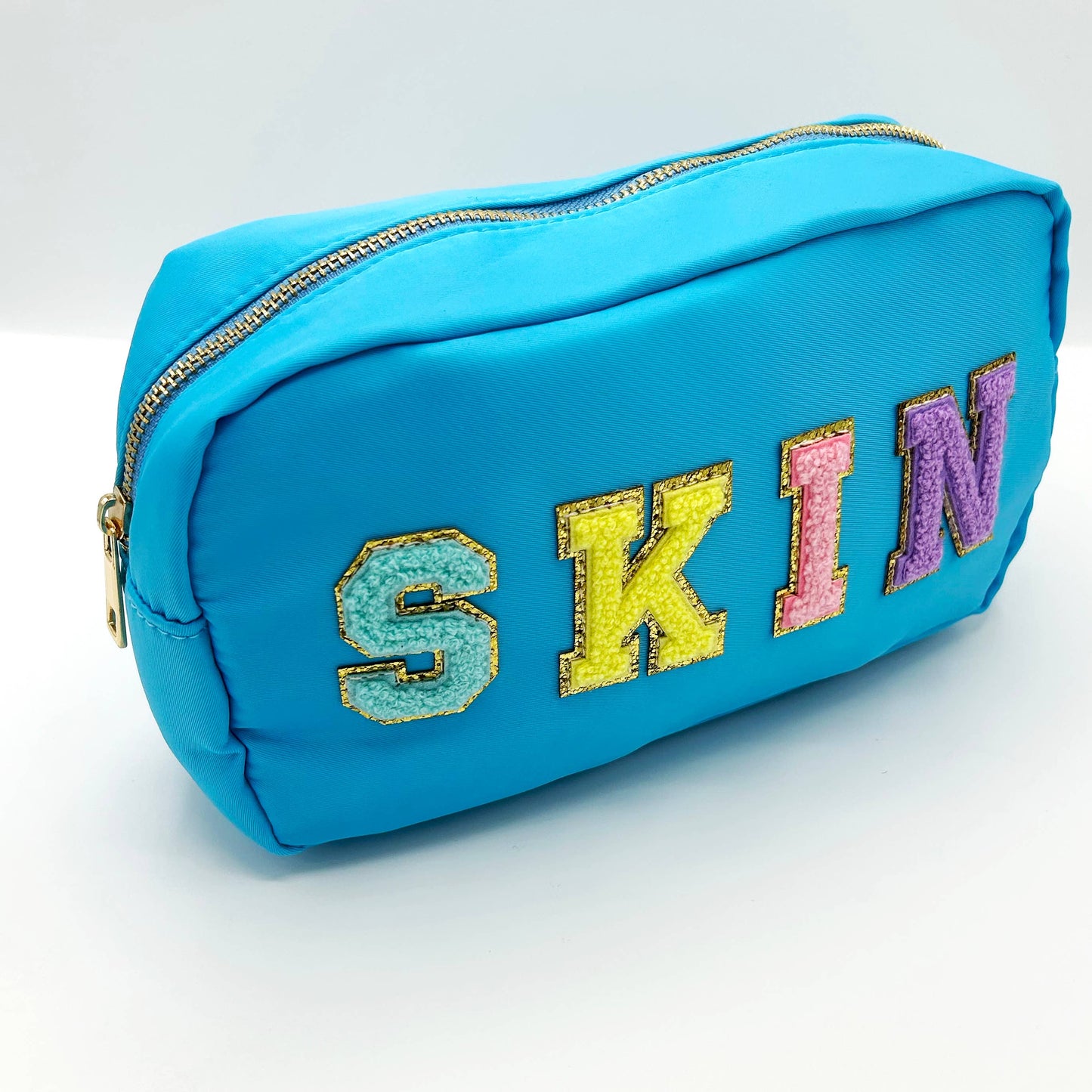 Cosmetic or Toiletry Bag with Varsity Letter Patches: Dark Pink with STUFF