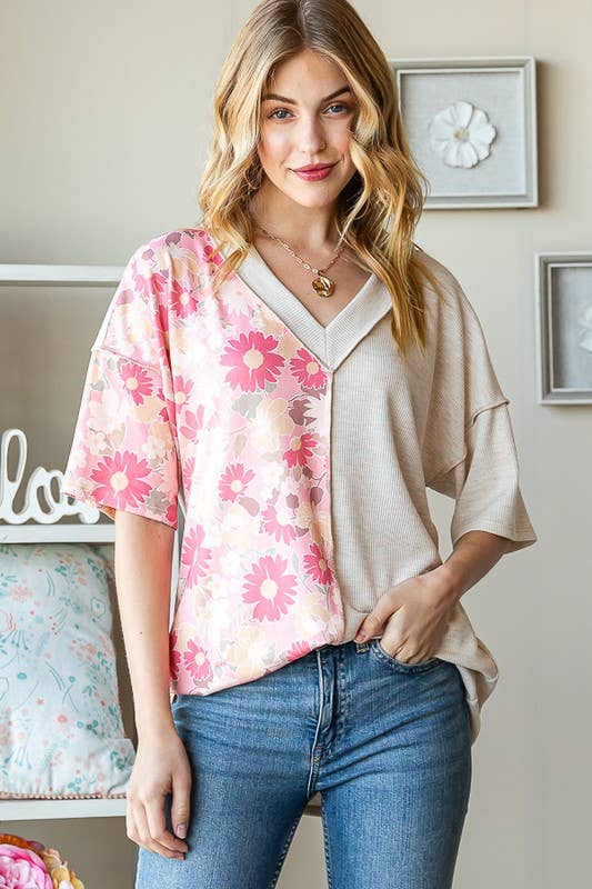 ET7547-12 SOLID AND FLORAL TOP: PEACH / 2-2-2 (1X-2X-3X)