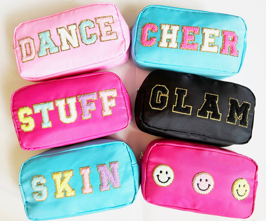 Cosmetic or Toiletry Bag with Varsity Letter Patches: Light Blue with SKIN