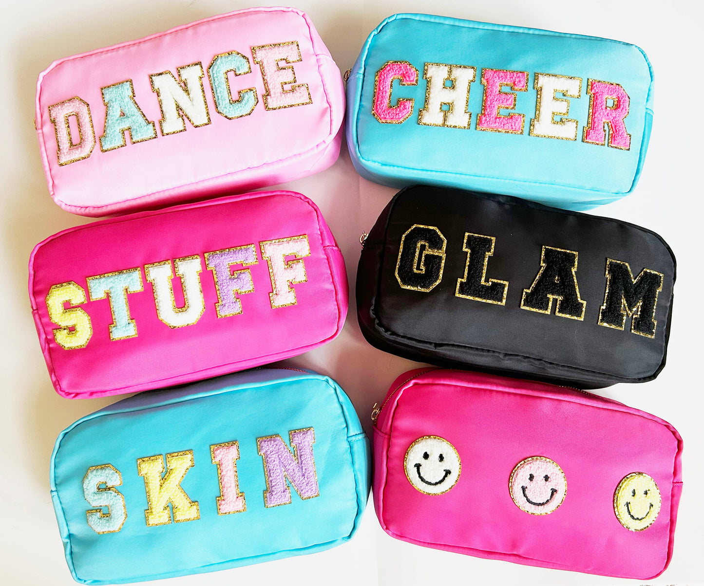 Cosmetic or Toiletry Bag with Varsity Letter Patches: Dark Pink with 3 smile patches