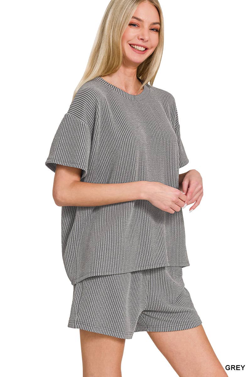 `.Corded Rib Short Sleeve Tee & Short Pants 2PC Set: DUSTY BLUE-183672 / S